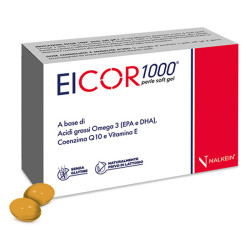 Confezione da 30 softegel di Eicor 1000, integratore per colesterolo e funzione cardiaca.
