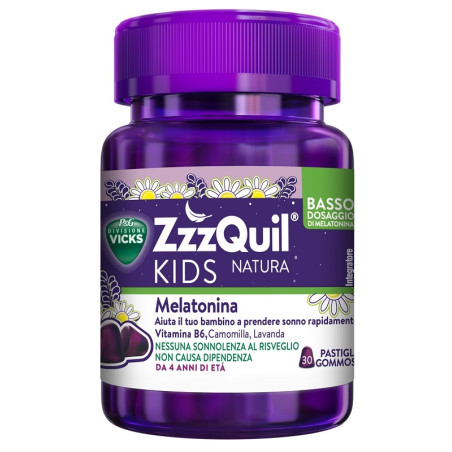 Confezione da 30 pastiglie di Vicks ZzzQuiI Kids Natura, integratore per migliorare il sonno dei bambini.