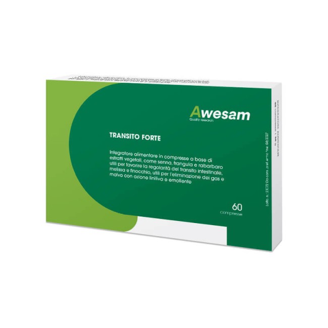 Confezione da 60 compresse di Awesam Transito Forte integratore contro la stitichezza. Confezione da 60 compresse di Awesam Transito Forte integratore contro la stitichezza.