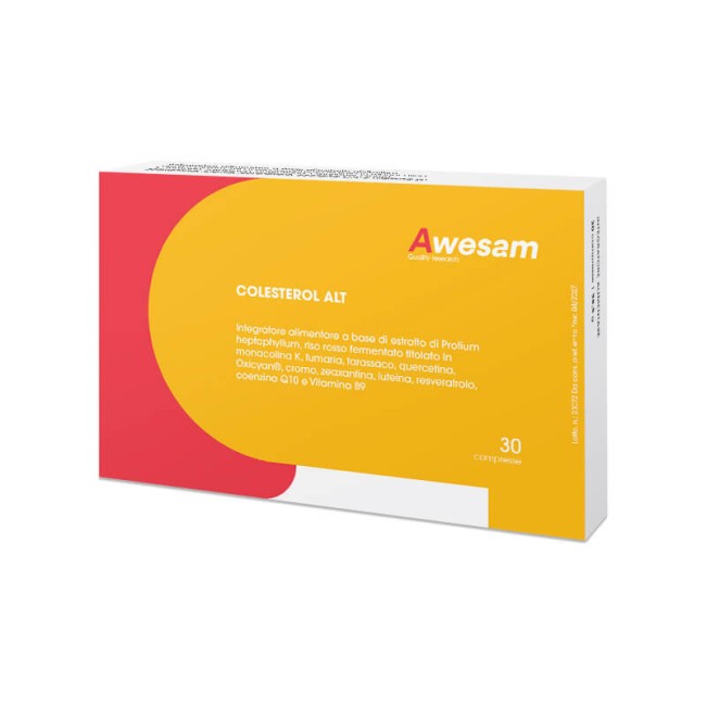 Confezione da 30 compresse di Awesam Colesterol Alt integratore per abbassare il colesterolo. Confezione da 30 compresse di Awesam Colesterol Alt integratore per abbassare il colesterolo.