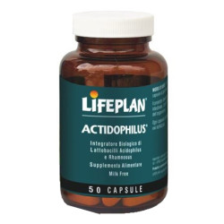 Barattolo da 50 capsule di Lifeplan Actidophilus, integratore per riequilibrare la flora intestinale.