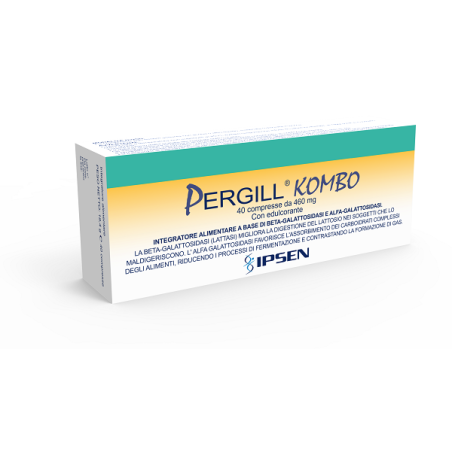 Confezione da 40 compresse di Pergill Kombo, integratore per digerire il lattosio. Confezione da 40 compresse di Pergill Kombo, integratore per digerire il lattosio.