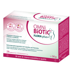 Confezione da 28 bustine di Omni-Biotic Flora Plus+, integratore per l'equilibrio della flora intestinale.