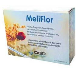Confezione da 10 bustine di Meliflor, integratore di fermenti lattici per disturbi intestinali.