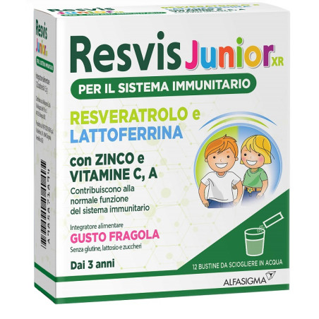 Confezione da 12 stick orosolubili di Resvis Junior XR, integratore per il sistema immunitario dei bambini.
