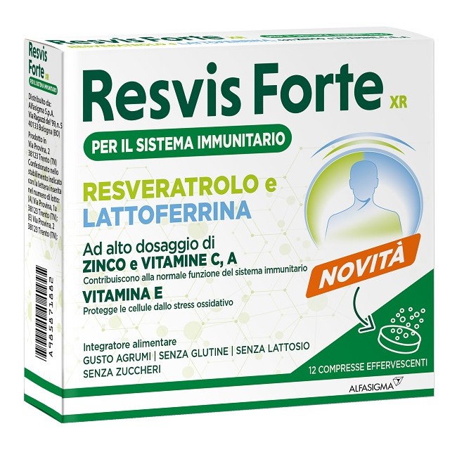 Confezione da 12 compresse di Resvis Forte Xr, integratore di lattoferrina per rinforzare le difese immunitarie. Confezione da 12 compresse di Resvis Forte Xr, integratore di lattoferrina per rinforzare le difese immunitarie.