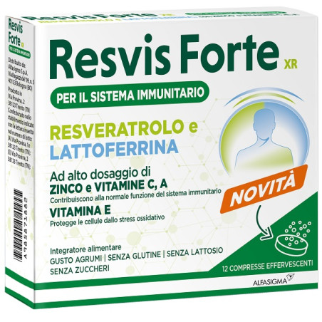 Confezione da 12 compresse di Resvis Forte Xr, integratore di lattoferrina per rinforzare le difese immunitarie.