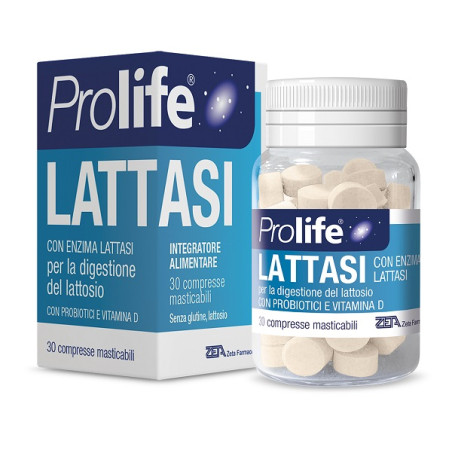 Confezione da 30 compresse masticabili di Prolife Lattasi integratore per digerire il lattosio Confezione da 30 compresse masticabili di Prolife Lattasi integratore per digerire il lattosio