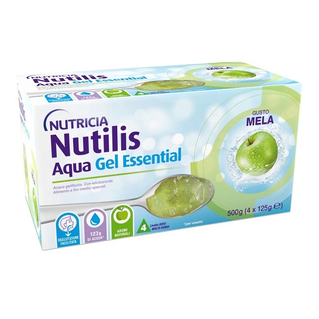 Confezione da 4 bustine di Nutricia Nutilis Aqua Gel Essential alimento speciale al gusto di mela. Confezione da 4 bustine di Nutricia Nutilis Aqua Gel Essential alimento speciale al gusto di mela.