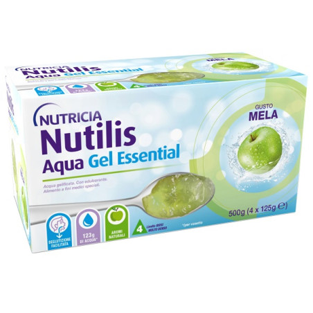 Confezione da 4 bustine di Nutricia Nutilis Aqua Gel Essential alimento speciale al gusto di mela.