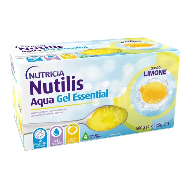 Confezione da 4 bustine di Nutricia Nutilis Aqua Gel Essential alimento speciale al gusto di limone. Confezione da 4 bustine di Nutricia Nutilis Aqua Gel Essential alimento speciale al gusto di limone.