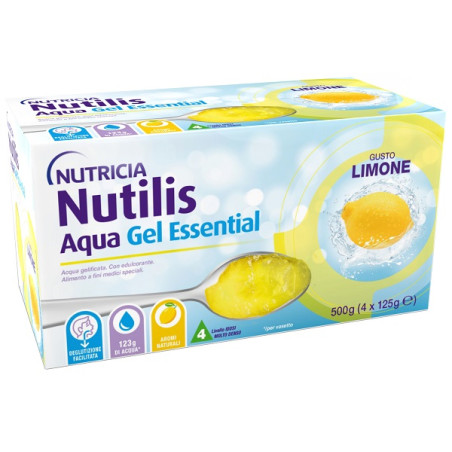 Confezione da 4 bustine di Nutricia Nutilis Aqua Gel Essential alimento speciale al gusto di limone.