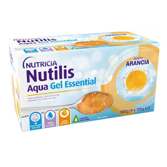 Confezione da 4 bustine di Nutricia Nutilis Aqua Gel Essential alimento speciale al gusto di arancia. Confezione da 4 bustine di Nutricia Nutilis Aqua Gel Essential alimento speciale al gusto di arancia.