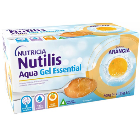 Confezione da 4 bustine di Nutricia Nutilis Aqua Gel Essential alimento speciale al gusto di arancia.