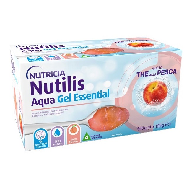 Confezione da 4 bustine di Nutricia Nutilis Aqua Gel Essential alimento speciale al gusto di pesca. Confezione da 4 bustine di Nutricia Nutilis Aqua Gel Essential alimento speciale al gusto di pesca.