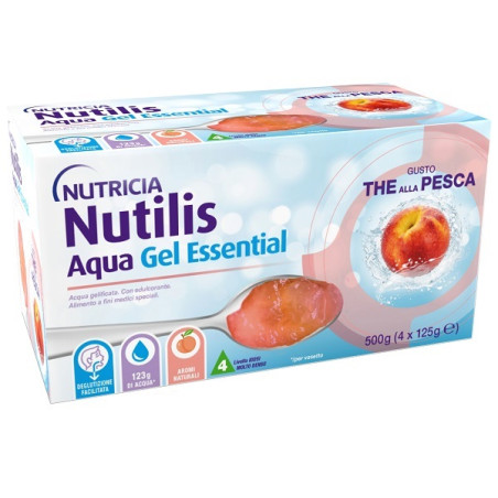 Confezione da 4 bustine di Nutricia Nutilis Aqua Gel Essential alimento speciale al gusto di pesca.