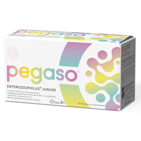 Confezione da 10 flaconi di Pegaso Enterodophilus Junior integratore di fermenti lattici per bambini.