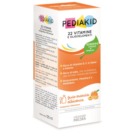 Flacone da 125 ml di Pediakid 22 Vitamine E OligoeIementi Sciroppo Per Bambini. Flacone da 125 ml di Pediakid 22 Vitamine E OligoeIementi Sciroppo Per Bambini.