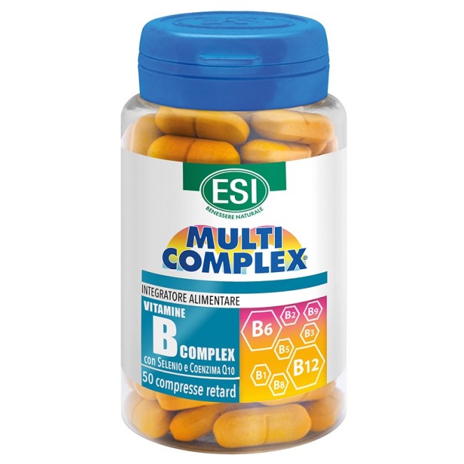 Confezione da 50 compresse di Esi Vitamina B Complex, integratore per energia e sistema immunitario. Confezione da 50 compresse di Esi Vitamina B Complex, integratore per energia e sistema immunitario.