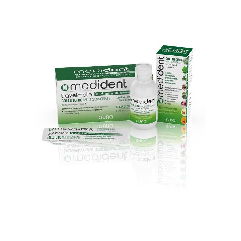 Confezione da 250 ml di Guna Medident colluttorio multisensoriale per la cura di denti e gengive. Confezione da 250 ml di Guna Medident colluttorio multisensoriale per la cura di denti e gengive.