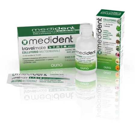 Confezione da 250 ml di Guna Medident colluttorio multisensoriale per la cura di denti e gengive.