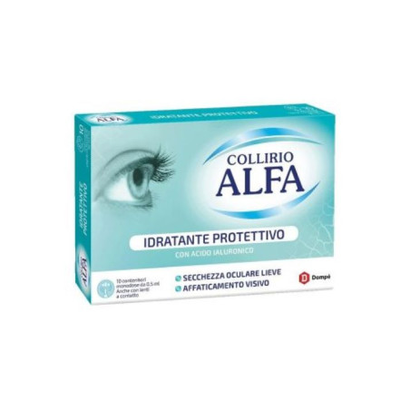 Confezione da 10 fialette monodose di Collirio Alfa idratante e protettivo.
