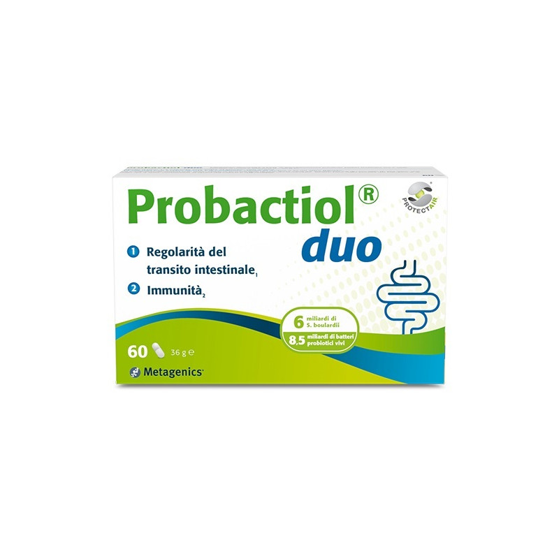 Confezione da 60 capsule di Probactiol Duo, integratore per l'equilibrio della flora intestinale.