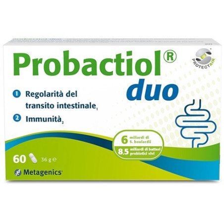 Confezione da 60 capsule di Probactiol Duo, integratore per l'equilibrio della flora intestinale. Confezione da 60 capsule di Probactiol Duo, integratore per l'equilibrio della flora intestinale.