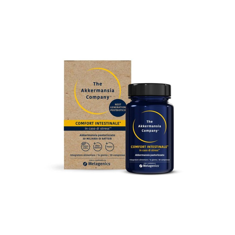 Confezione da 30 compresse di Akkermansia Comfort Intestinale, integratore per i benessere intestinale.