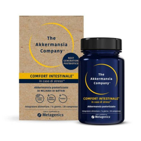 Confezione da 30 compresse di Akkermansia Comfort Intestinale, integratore per i benessere intestinale.