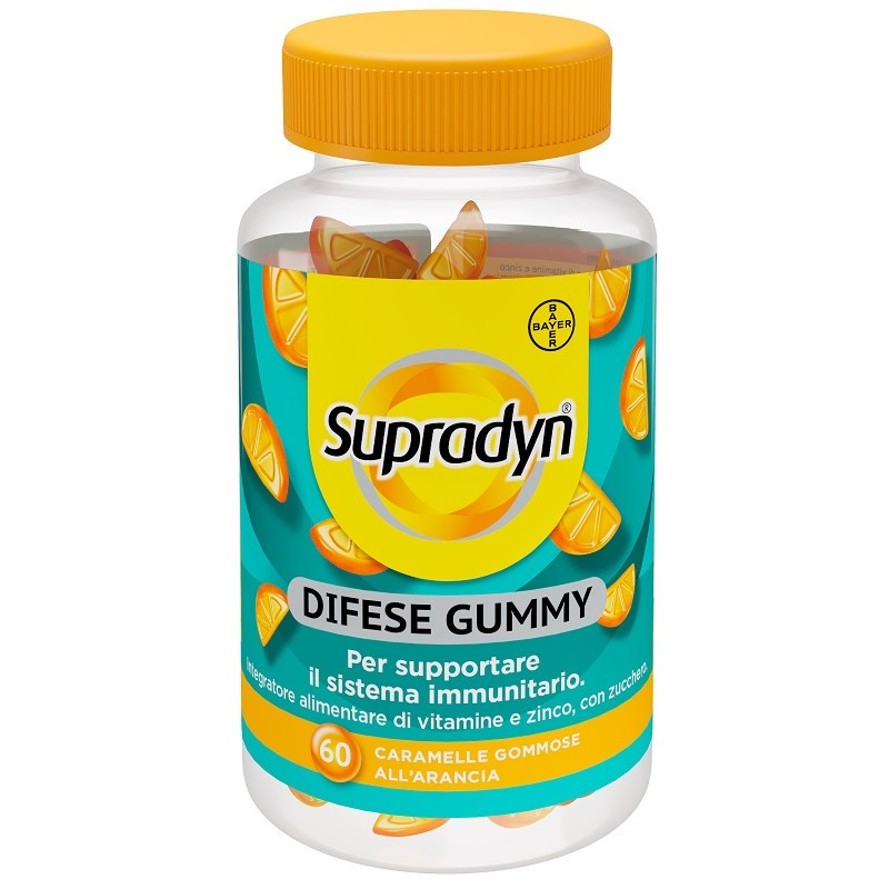Confezione da 60 caramelle gommose di Supradyn Difese Gummy, integratore per il sistema immunitario. Confezione da 60 caramelle gommose di Supradyn Difese Gummy, integratore per il sistema immunitario.