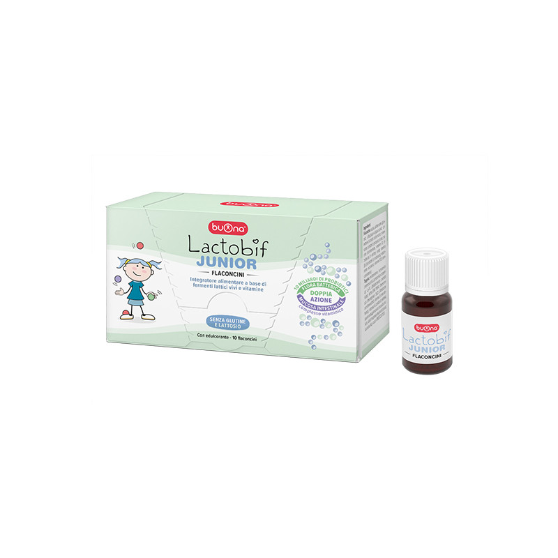 Confezione da 10 flaconcini di Lactobif Junior, integratore per intestino e difese immunitarie. Confezione da 10 flaconcini di Lactobif Junior, integratore per intestino e difese immunitarie.
