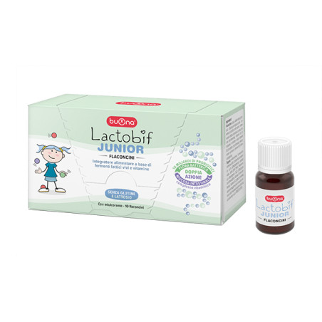 Confezione da 10 flaconcini di Lactobif Junior, integratore per intestino e difese immunitarie. Confezione da 10 flaconcini di Lactobif Junior, integratore per intestino e difese immunitarie.