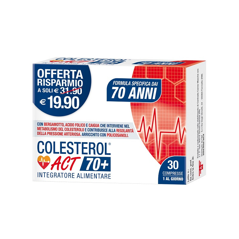 Confezione da 30 compresse di Colesterol Act 70+, integratore per colesterolo e pressione arteriosa.