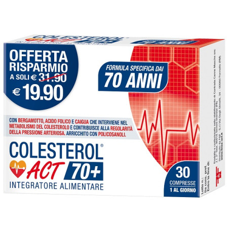 Confezione da 30 compresse di Colesterol Act 70+, integratore per colesterolo e pressione arteriosa.