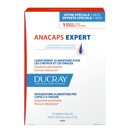 Confezione da 90 capsule di Ducray Anacaps Expert Integratore Per Il Benessere Di Capelli E Unghie.