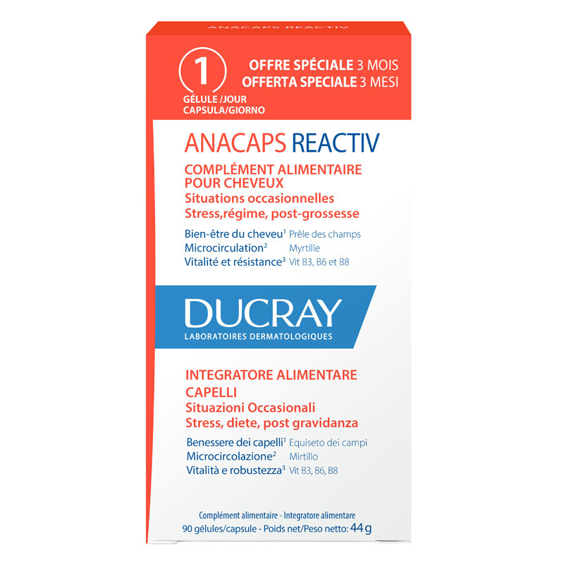 Confezione risparmio da 90 capsule di Ducray Anacaps Reactiv Integratore Per Caduta Occasionale Dei Capelli. Confezione risparmio da 90 capsule di Ducray Anacaps Reactiv Integratore Per Caduta Occasionale Dei Capelli.