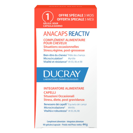 Confezione risparmio da 90 capsule di Ducray Anacaps Reactiv Integratore Per Caduta Occasionale Dei Capelli.