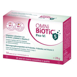 Confezione da 14 bustine di Omni-Biotic Pro-Vi 5, integratore per intestino e sistema immunitario.