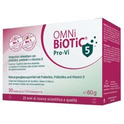Confezione da 30 bustine di Omni-Biotic Pro-Vi 5, integratore per equilibrio intestinale e difese immunitarie.