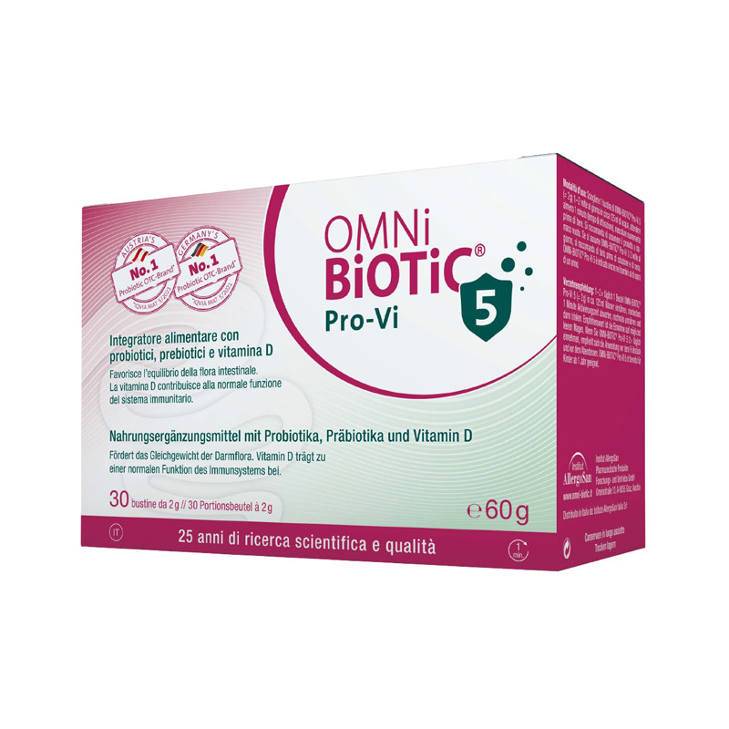 Confezione da 30 bustine di Omni-Biotic Pro-Vi 5, integratore per equilibrio intestinale e difese immunitarie.
