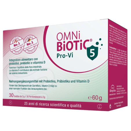 Confezione da 30 bustine di Omni-Biotic Pro-Vi 5, integratore per equilibrio intestinale e difese immunitarie.