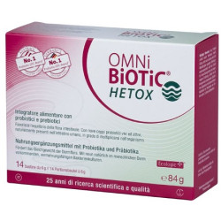 Confezione da 14 bustine di Omni-Biotic HETOX, integratore per il benessere dell'intestino e del fegato.