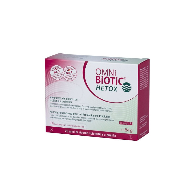 Confezione da 14 bustine di Omni-Biotic HETOX, integratore per il benessere dell'intestino e del fegato.