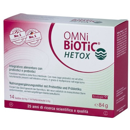 Confezione da 14 bustine di Omni-Biotic HETOX, integratore per il benessere dell'intestino e del fegato.