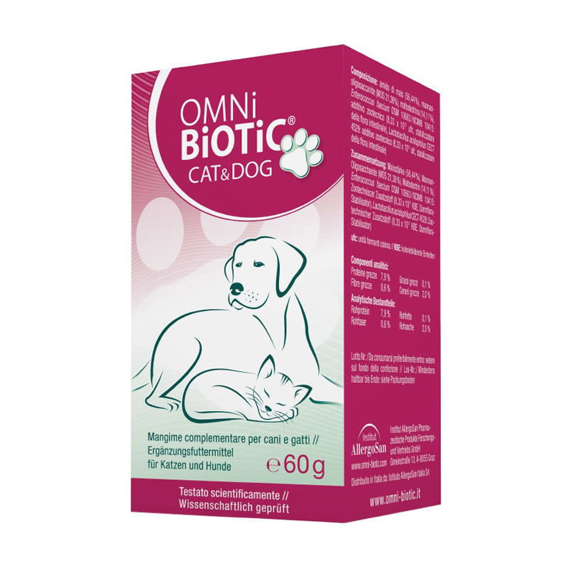 Confezione da 60 grammi di Omni-Biotic CAT & DOG, integratore per la flora intestinale di cani e gatti. Confezione da 60 grammi di Omni-Biotic CAT & DOG, integratore per la flora intestinale di cani e gatti.