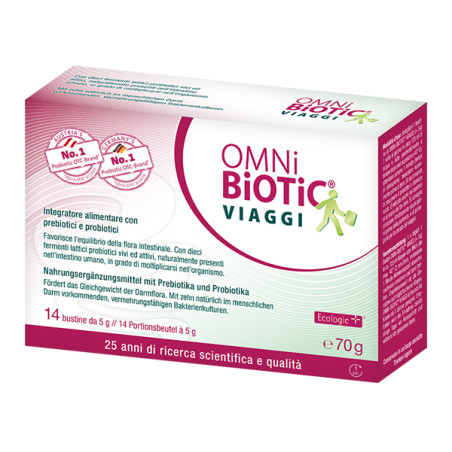 Confezione da 14 bustine di Omni Biotic Viaggi, integratore per il benessere intestinale.