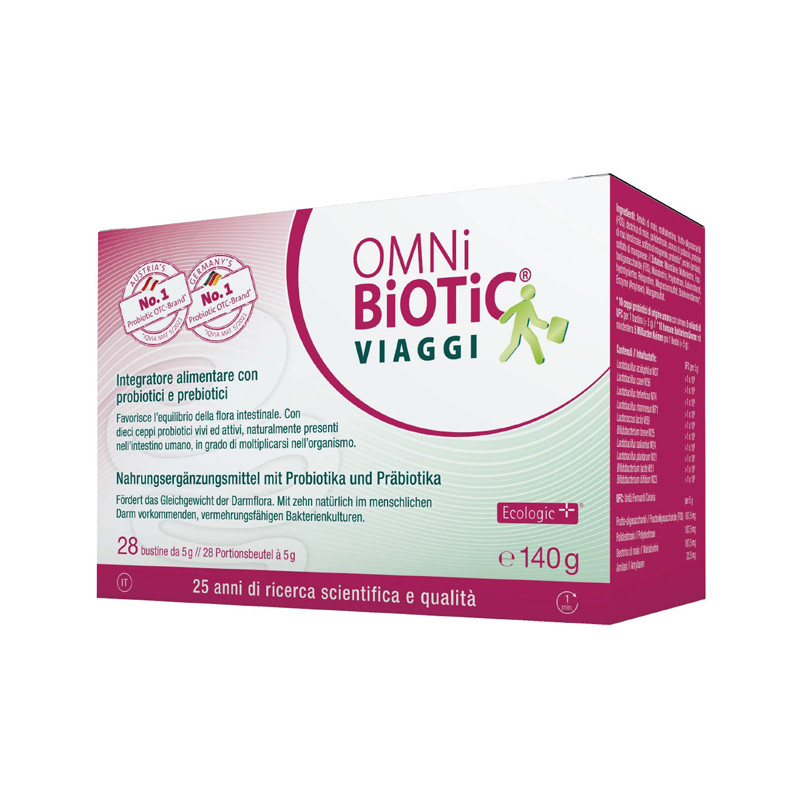 Confezione da 28 bustine di Omni-Biotic Viaggi, integratore per la salute intestinale.