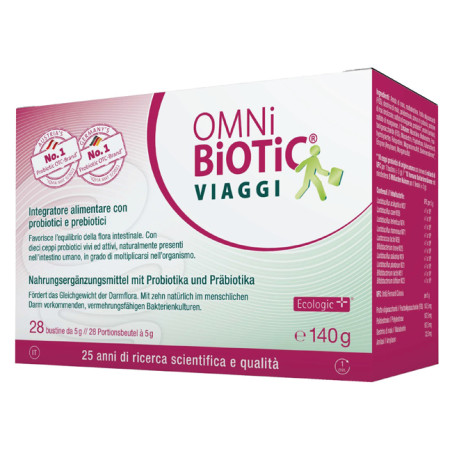Confezione da 28 bustine di Omni-Biotic Viaggi, integratore per la salute intestinale.
