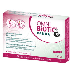 Confezione da 7 bustine di Omni-Biotic Panda, integratore per la salute intestinale di donne in gravidanza, neonati e bambini.